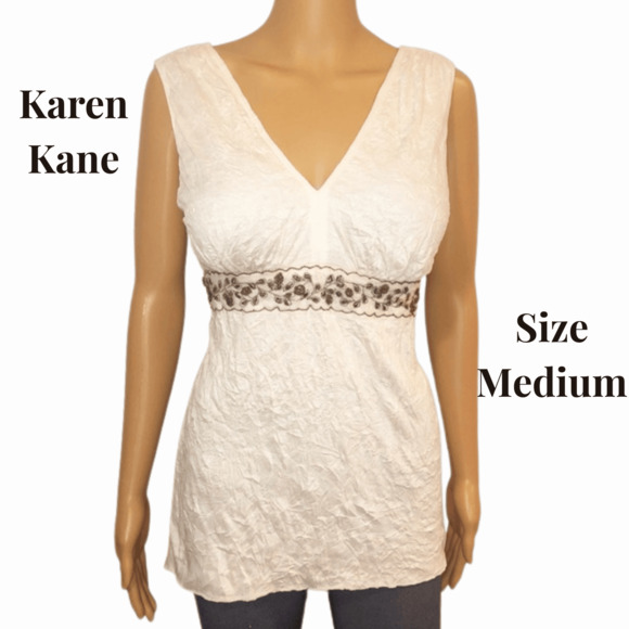 Karen Kane Womens Rhinestone Sleeveless Blouse Size Medium Cream V Neckline - Picture 1 of 8